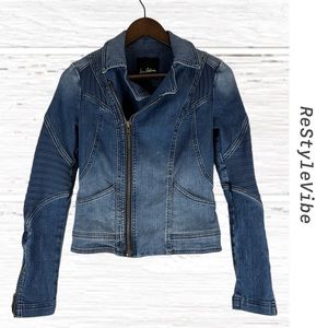 SAM EDELMAN Women’s Size S Denim Jean Jacket Sweater Inserts Moto Biker Style